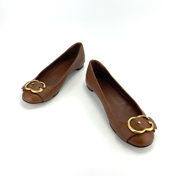 📌SOLD📌 GUCCI 100% AUTHENTIC BROWN LEATHER GOLD INTERLOCKING GG FLATS - Picture 4 of 16